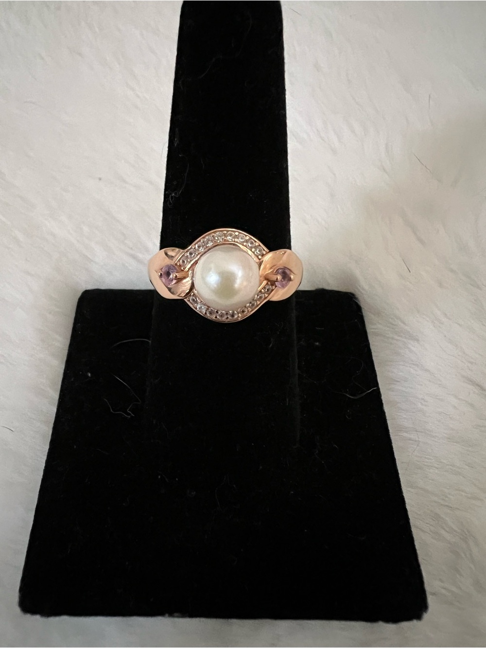 Akoya Pearl Rose Gold Over Silver Ring with Pink Sapphires & Zircon Halo